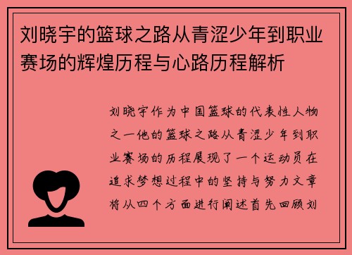 刘晓宇的篮球之路从青涩少年到职业赛场的辉煌历程与心路历程解析
